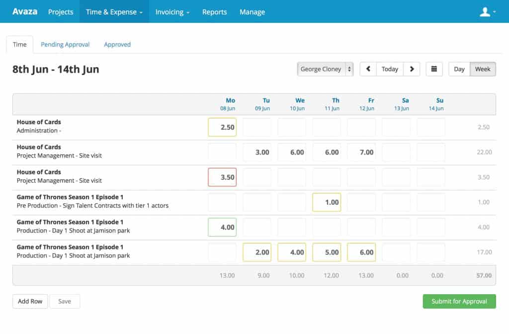 Timesheet Week View with status colour codes