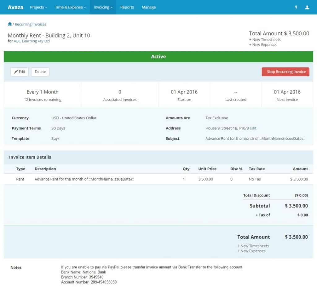 Recurring Invoice - Detail Page