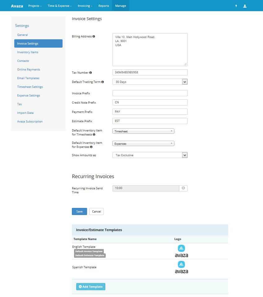 Invoice Settings Page