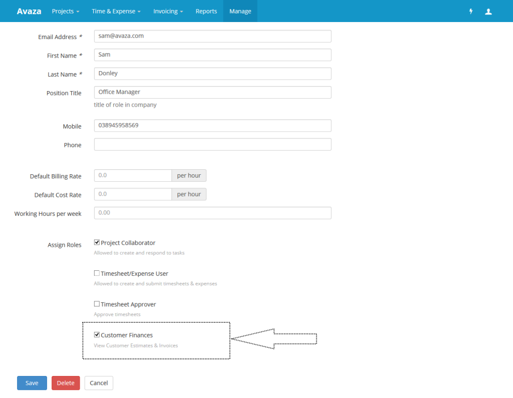 Assign Customer Finances role