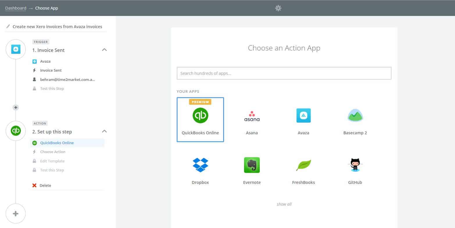 Avaza Zapier Integration with Quickbooks
