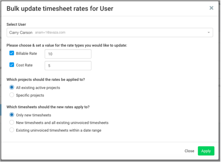 Bulk Update Timesheet Rates - Avaza.com