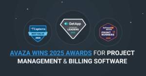 Avaza wins top software awards in 2025 for project management, resource planning, and invoicing from Capterra, GetApp, and Software Advice – celebration graphic featuring award badges and team success