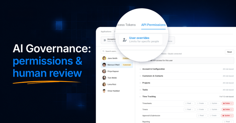 AI governance in Avaza: API Permissions screen with per-user overrides and blocked delete actions